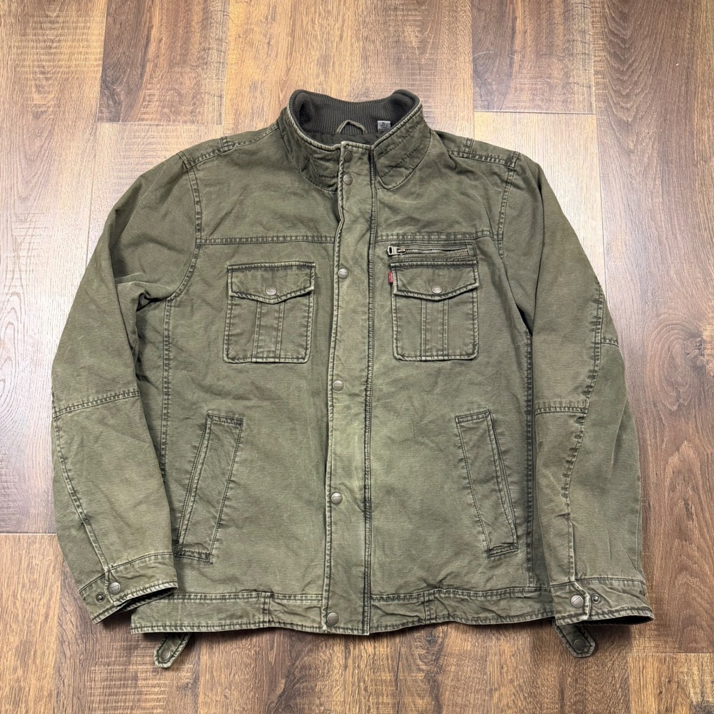 Levi's Cotton Field Jacket Mens XL Olive Green Quilted Lined Zip Snap